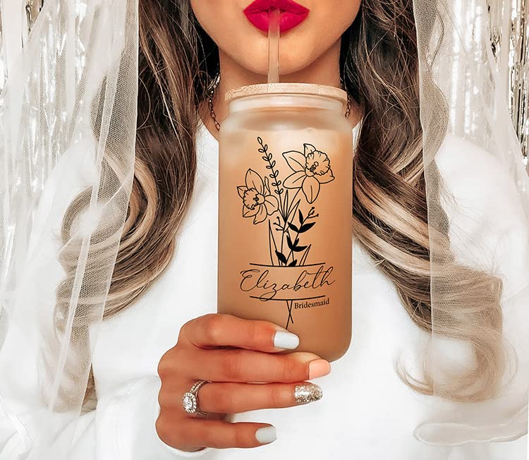 Taniri Personalized Bridesmaid Glass Tumbler Set with Straw - Flower & Name Customized Glass Tumbler - Bachelorette Party Tumblers - Bamboo Lid Iced Coffee Cup - Bridal Party Gifts