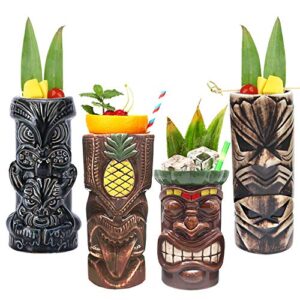 tiki mugs cocktail set of 4 - large tumblers ceramic hawaiian luau party mugs drinkware, cute exotic cocktail glasses, tiki bar professional hawaiian party barware, tkset0005