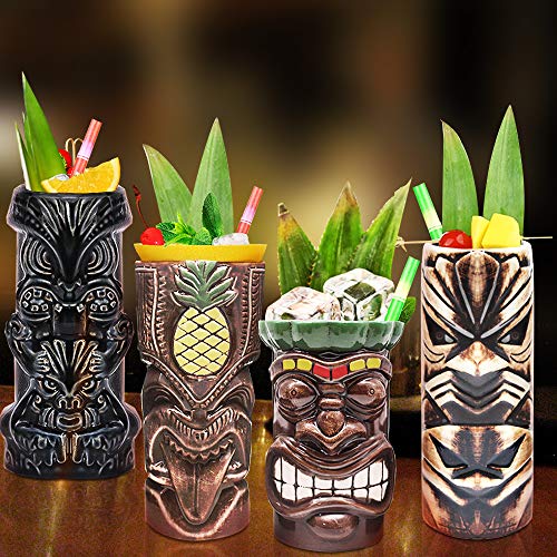 Tiki Mugs Cocktail Set of 4 - Large Tumblers Ceramic Hawaiian Luau Party Mugs Drinkware, Cute Exotic Cocktail Glasses, Tiki Bar Professional Hawaiian Party Barware, TKSET0005