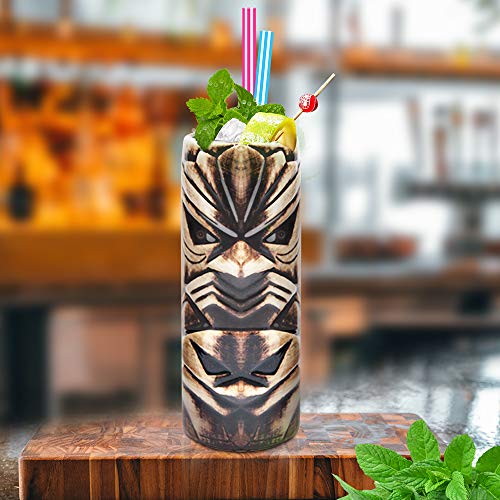 Tiki Mugs Cocktail Set of 4 - Large Tumblers Ceramic Hawaiian Luau Party Mugs Drinkware, Cute Exotic Cocktail Glasses, Tiki Bar Professional Hawaiian Party Barware, TKSET0005