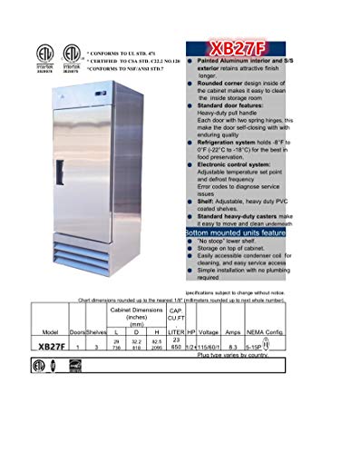 Commercial Freezer 1-Door Solid Upright Reach in Stainless Steel NSF 29" Width, Capacity 23 Cuft, Bottom Mounted Restaurant Quality Kitchen Cold -8°F