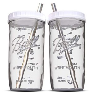 reusable wide mouth smoothie cups boba tea cups bubble tea cups with lids and silver straws mason jars glass cups (2-pack, 24 oz mason jars)