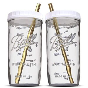 reusable wide mouth smoothie cups boba bubble tea cups with lids and gold straws mason jars glass cups (2-pack, 24 oz )