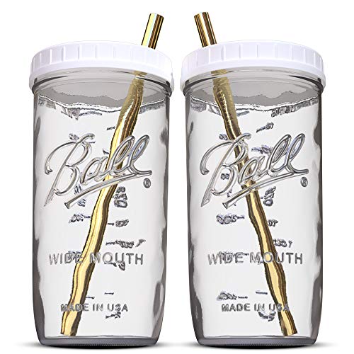 Reusable Wide Mouth Smoothie Cups Boba Bubble Tea Cups with Lids and Gold Straws Mason Jars Glass Cups (2-pack, 24 oz )