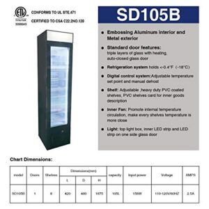 Commercial Freezer Glass 1-door 17" 105L Upright Narrow NSF -15°F to 5°F slim display merchandiser restaurant SD-105B