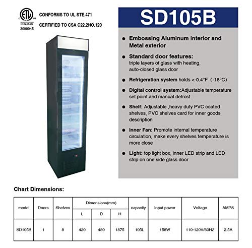 Commercial Freezer Glass 1-door 17" 105L Upright Narrow NSF -15°F to 5°F slim display merchandiser restaurant SD-105B