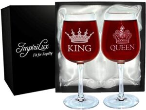 impirilux king and queen wine glass set | beautiful gift for newlyweds, engagements, anniversaries, weddings, parents, couples, christmas - novelty drinking glassware