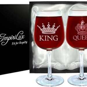 ImpiriLux King and Queen Wine Glass Set | Beautiful Gift for Newlyweds, Engagements, Anniversaries, Weddings, Parents, Couples, Christmas - Novelty Drinking Glassware