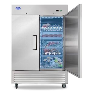 kalifon 54" commercial freezer with 2 solid door, 49 cu.ft reach-in stainless steel freezer, fan cooling freezer for restaurant, bar, home, shop, and business(equip 8 shelves)