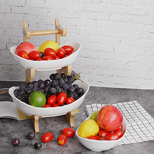 SEVEN SPARTA Tiered Fruit basket Fruit Bowl for Kitchen Counter, Elegant Combo of Ceramic Bowls and Bamboo Rack, Big Capacity, Easy Install, Multi-Occasion for Kitchen, Party, Restaurant and Gift