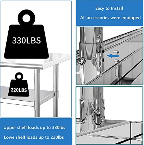 MYOYAY Stainless Steel Table for Prep & Work 24 x 36 Inch 550lbs Load Capacity Commercial Kitchen Table Heavy Duty Metal Worktable Workstation with Adjustable Undershelf for Restaurant Hotel