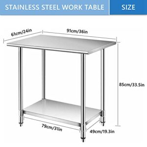 MYOYAY Stainless Steel Table for Prep & Work 24 x 36 Inch 550lbs Load Capacity Commercial Kitchen Table Heavy Duty Metal Worktable Workstation with Adjustable Undershelf for Restaurant Hotel