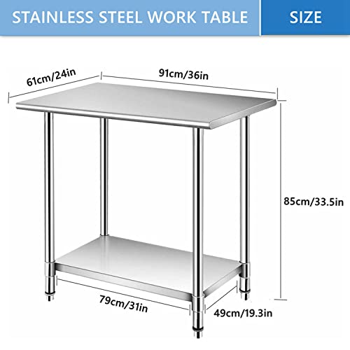 MYOYAY Stainless Steel Table for Prep & Work 24 x 36 Inch 550lbs Load Capacity Commercial Kitchen Table Heavy Duty Metal Worktable Workstation with Adjustable Undershelf for Restaurant Hotel