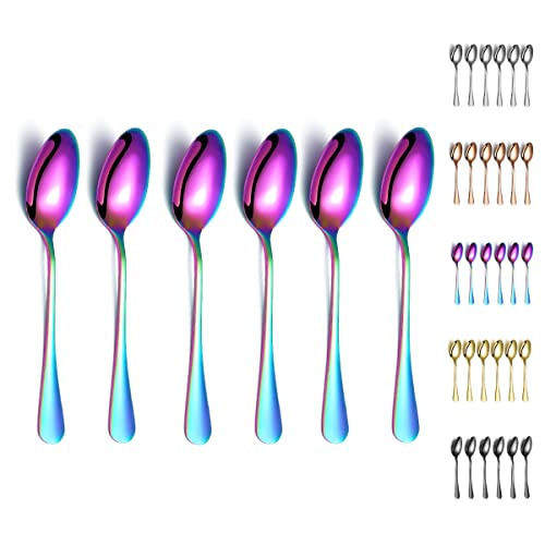 Rainbow Dinner Spoons, Kyraton 6 Pieces 7.5" Stainless Steel Table Spoon With Titanium Colorful Plating, Rainbow Soup Spoons, Dessert Spoons Sliverware Dishwasher Safe Set of 6