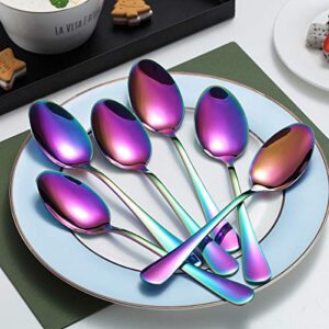 Rainbow Dinner Spoons, Kyraton 6 Pieces 7.5" Stainless Steel Table Spoon With Titanium Colorful Plating, Rainbow Soup Spoons, Dessert Spoons Sliverware Dishwasher Safe Set of 6