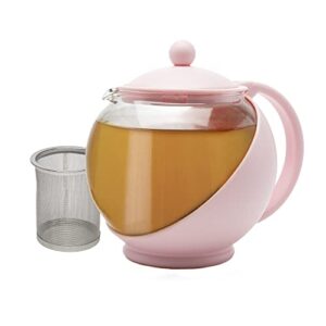 primula half moon teapot with removable infuser, glass tea maker, reusable, fine mesh stainless steel filter, dishwasher safe, 40-ounce, pink
