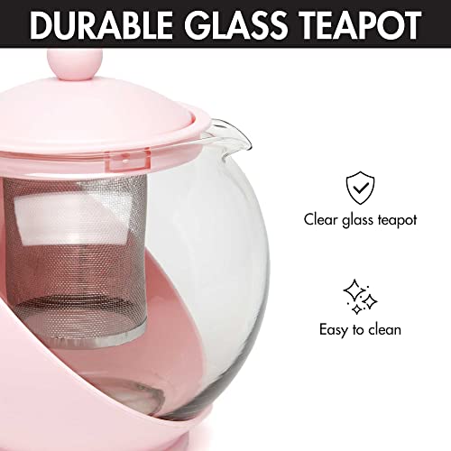Primula Half Moon Teapot with Removable Infuser, Glass Tea Maker, Reusable, Fine Mesh Stainless Steel Filter, Dishwasher Safe, 40-Ounce, Pink