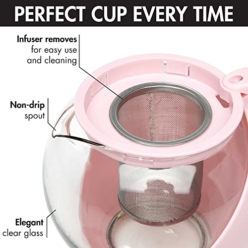 Primula Half Moon Teapot with Removable Infuser, Glass Tea Maker, Reusable, Fine Mesh Stainless Steel Filter, Dishwasher Safe, 40-Ounce, Pink