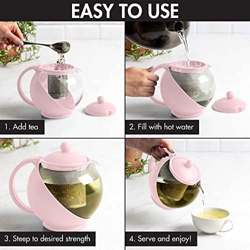 Primula Half Moon Teapot with Removable Infuser, Glass Tea Maker, Reusable, Fine Mesh Stainless Steel Filter, Dishwasher Safe, 40-Ounce, Pink