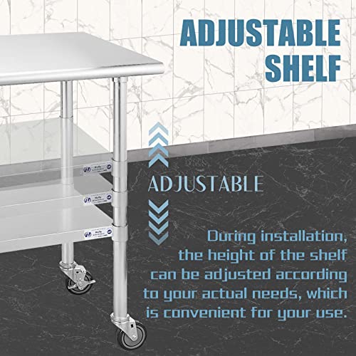 Hally Stainless Steel Table for Prep & Work 24 x 30 Inches with Caster Wheels, NSF Commercial Heavy Duty Table with Undershelf and Galvanized Legs for Restaurant, Home and Hotel