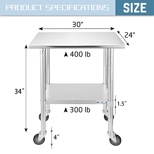 Hally Stainless Steel Table for Prep & Work 24 x 30 Inches with Caster Wheels, NSF Commercial Heavy Duty Table with Undershelf and Galvanized Legs for Restaurant, Home and Hotel