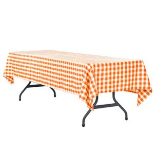 mymenu plastic tablecloth disposable checkered table cover extra thick 54" x 108" rectangle table cloth for indoor or outdoor parties birthdays weddings christmas fiestas (orange&white, 2 pack)
