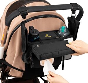 hujom universal stroller organizer with insulated cup holders, shoulder strap, phone bag and wipes pocket. caddy fits uppababy, baby jogger, britax, bob. must have stroller accessories.