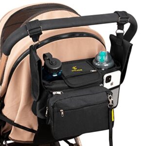 HUJOM Universal Stroller Organizer with Insulated Cup Holders, Shoulder Strap, Phone Bag and Wipes Pocket. Caddy Fits Uppababy, Baby Jogger, Britax, BOB. Must have Stroller Accessories.