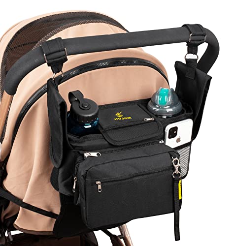 HUJOM Universal Stroller Organizer with Insulated Cup Holders, Shoulder Strap, Phone Bag and Wipes Pocket. Caddy Fits Uppababy, Baby Jogger, Britax, BOB. Must have Stroller Accessories.