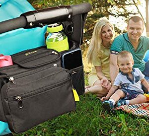 HUJOM Universal Stroller Organizer with Insulated Cup Holders, Shoulder Strap, Phone Bag and Wipes Pocket. Caddy Fits Uppababy, Baby Jogger, Britax, BOB. Must have Stroller Accessories.