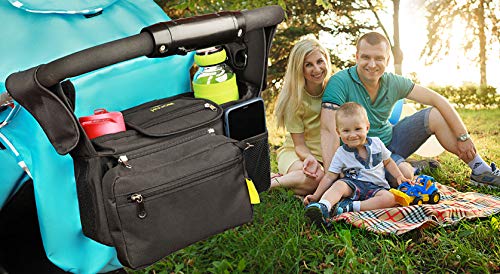 HUJOM Universal Stroller Organizer with Insulated Cup Holders, Shoulder Strap, Phone Bag and Wipes Pocket. Caddy Fits Uppababy, Baby Jogger, Britax, BOB. Must have Stroller Accessories.