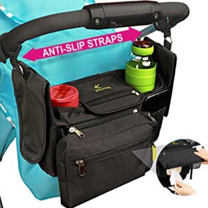 HUJOM Universal Stroller Organizer with Insulated Cup Holders, Shoulder Strap, Phone Bag and Wipes Pocket. Caddy Fits Uppababy, Baby Jogger, Britax, BOB. Must have Stroller Accessories.