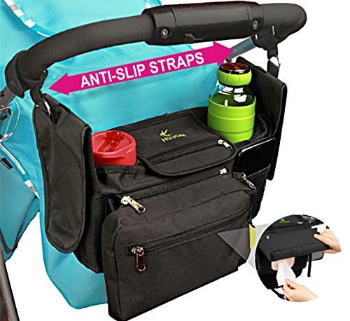 HUJOM Universal Stroller Organizer with Insulated Cup Holders, Shoulder Strap, Phone Bag and Wipes Pocket. Caddy Fits Uppababy, Baby Jogger, Britax, BOB. Must have Stroller Accessories.