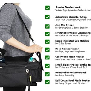 HUJOM Universal Stroller Organizer with Insulated Cup Holders, Shoulder Strap, Phone Bag and Wipes Pocket. Caddy Fits Uppababy, Baby Jogger, Britax, BOB. Must have Stroller Accessories.