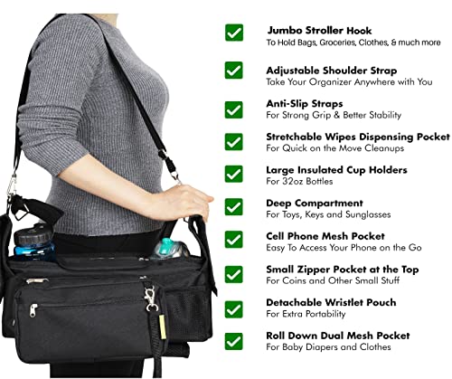 HUJOM Universal Stroller Organizer with Insulated Cup Holders, Shoulder Strap, Phone Bag and Wipes Pocket. Caddy Fits Uppababy, Baby Jogger, Britax, BOB. Must have Stroller Accessories.