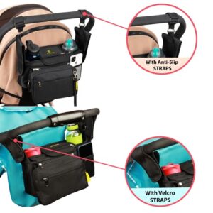 HUJOM Universal Stroller Organizer with Insulated Cup Holders, Shoulder Strap, Phone Bag and Wipes Pocket. Caddy Fits Uppababy, Baby Jogger, Britax, BOB. Must have Stroller Accessories.