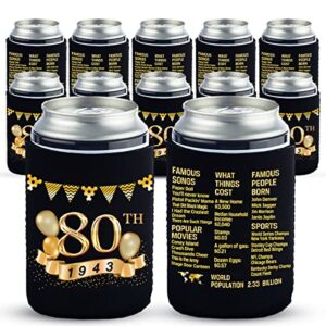 80th birthday can cooler sleeves pack of 12- 1943 sign -80th anniversary decorations - dirty 80th birthday party supplies - black and gold eightieth birthday cup coolers