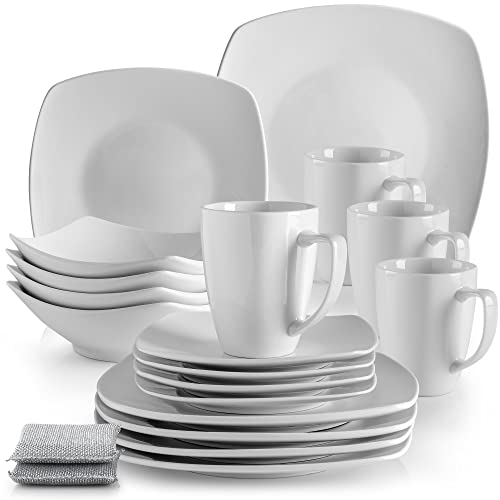 Zulay (16 Piece) Square Dinnerware Sets -Premium Quality Porcelain Plates Set & Dishes Set - Service For 4 Dishware Sets With 4 Plates, 4 Side Plate, 4 Soup Bowl, 4 Square Mug & 2 Silver Sponges