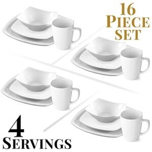 Zulay (16 Piece) Square Dinnerware Sets -Premium Quality Porcelain Plates Set & Dishes Set - Service For 4 Dishware Sets With 4 Plates, 4 Side Plate, 4 Soup Bowl, 4 Square Mug & 2 Silver Sponges