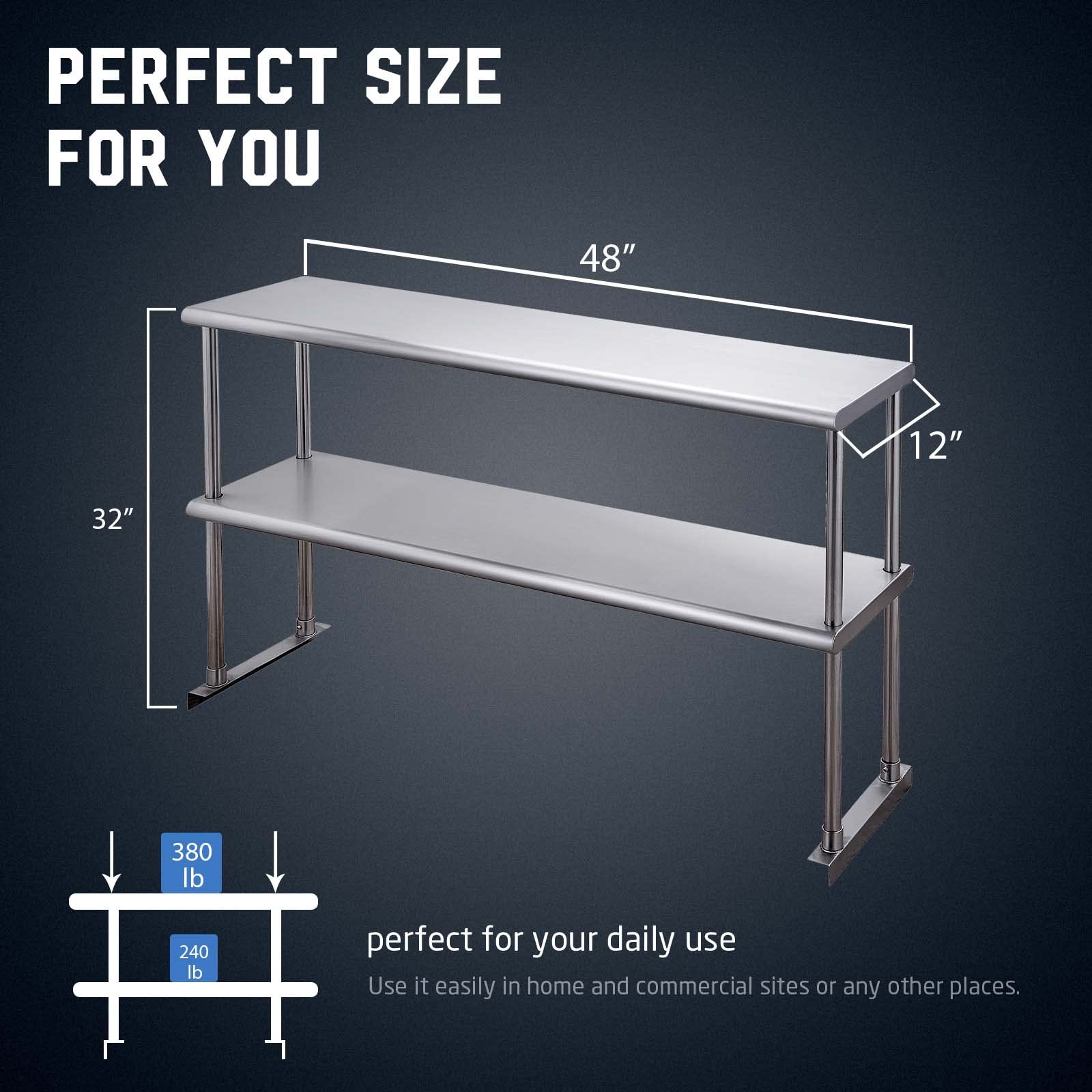 Profeeshaw Stainless Steel Overshelf for Prep & Work Table 12” x 48” NSF Commercial Adjustable Double Shelf 2 Tier for Restaurant, Bar, Utility Room, Kitchen and Garage