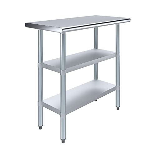 36" Long X 18" Deep Stainless Steel Work Table with 2 Shelves | Metal Food Prep Station | Commercial & Residential NSF Utility Table