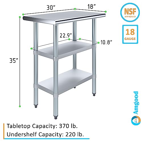 30" Long X 18" Deep Stainless Steel Work Table with 2 Shelves | Metal Food Prep Station | Commercial & Residential NSF Utility Table