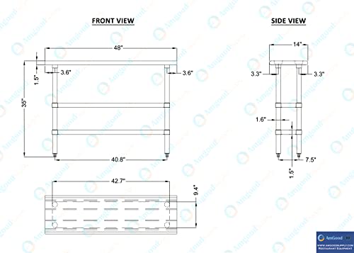 48" Long X 14" Deep Stainless Steel Work Table with 2 Shelves | Metal Food Prep Station | Commercial & Residential NSF Utility Table