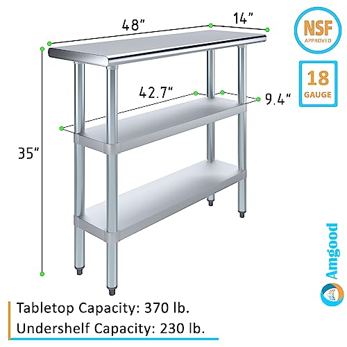 48" Long X 14" Deep Stainless Steel Work Table with 2 Shelves | Metal Food Prep Station | Commercial & Residential NSF Utility Table