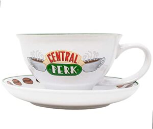 silver buffalo friends central perk logo ceramic teacup and saucer, 12 ounces