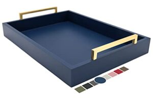 montecito home decorative coffee table tray - ottoman tray - breakfast, drinks, liquor serving platter - from farmhouse to modern - matte finish - champagne gold handles - twilight blue