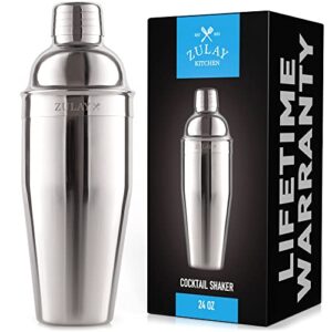 zulay (24oz) cocktail shaker - 18/8 stainless steel martini shaker with built-in strainer - professional grade martini shaker and strainer for bartending & homebars (silver)