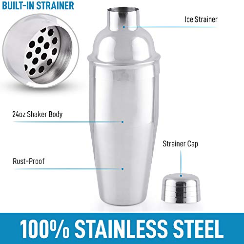 Zulay (24oz) Cocktail Shaker - 18/8 Stainless Steel Martini Shaker With Built-in Strainer - Professional Grade Martini Shaker and Strainer For Bartending & Homebars (Silver)