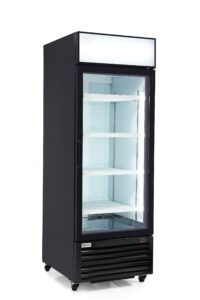 commercial grade merchandiser freezer | black coated steel cabinet | 1 glass door | fog resistant glass | 23 cu. ft. | 4 adjustable shelves | 31.2” x 33.25” x 85.625” | r-290 natural refrigerant