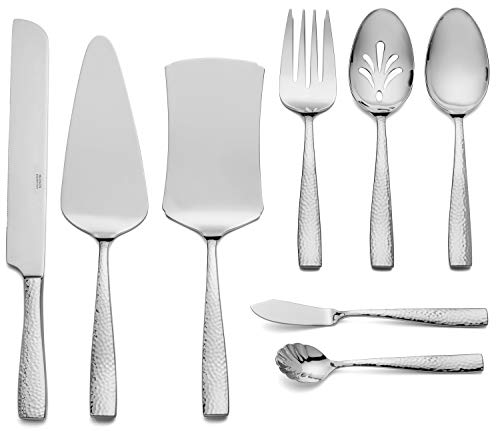 Hudson Essentials 8-Piece Hammered 18/10 Stainless Steel Flatware Serving Utensil Set - Hostess Silverware with Cake Knife & Cake Server